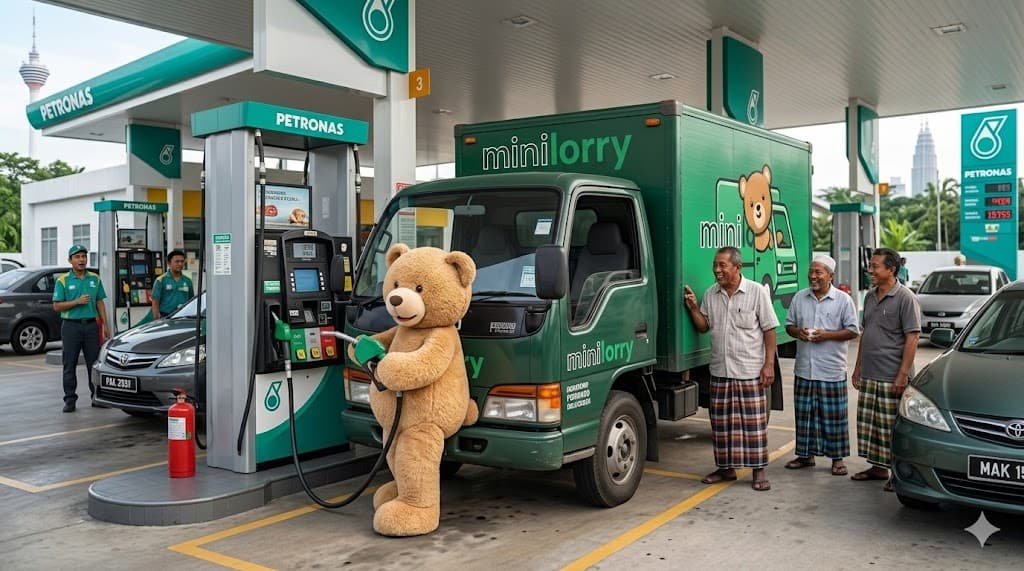 Lori hijau Minilorry 1 tan sedang isi diesel di stesen Petronas di Malaysia dengan maskot beruang Minilorry memegang nozel pam