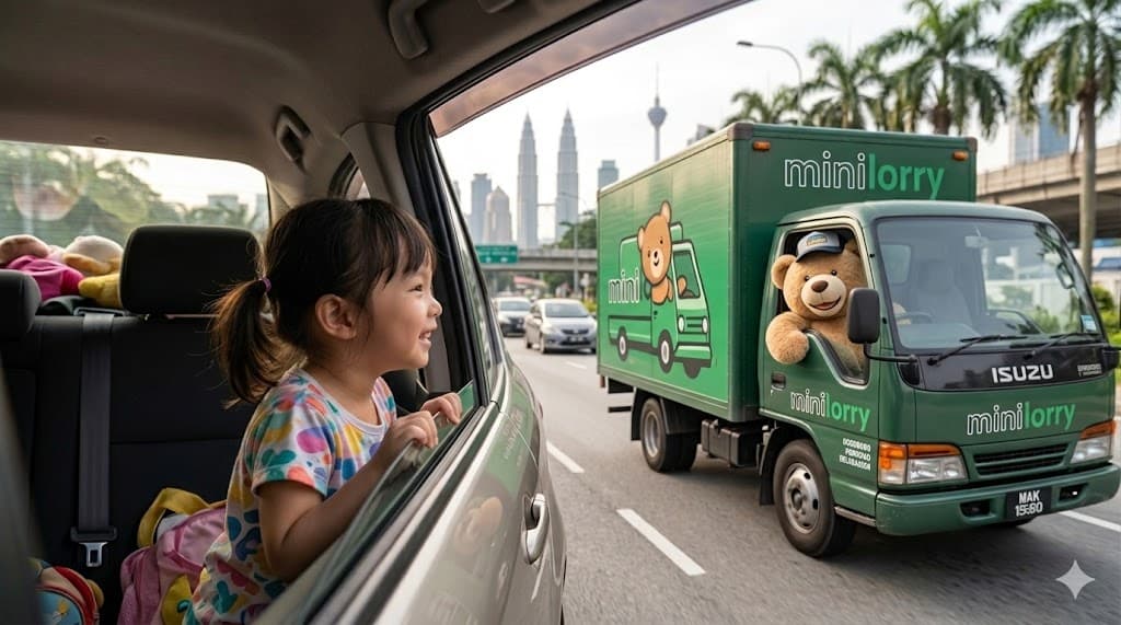 Lori Minilorry 1 tan memandu di jalan Lembah Klang dengan kaki langit KLCC dan Menara KL di latar belakang