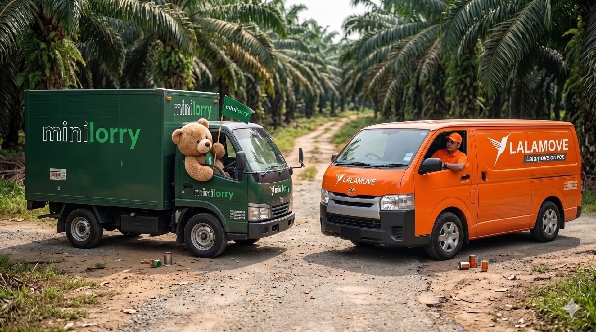 Lori Isuzu Minilorry hijau dengan teddy bear pegang bendera Minilorry, di sebelah van Lalamove jingga di jalan ladang kelapa sawit Malaysia